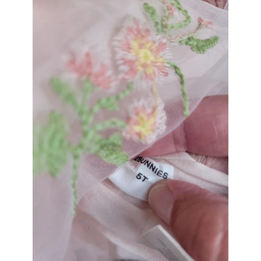 2Bunnies Size 5t Little Girls Pink Floral Embroidered Dress Whimsical, Fairy